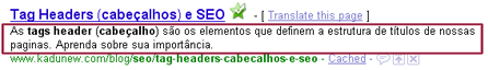 Conteúdo da meta tag description sendo exibida em um resultado de busca