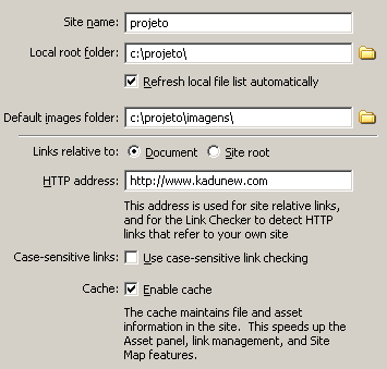 definindo site local no dreamweaver