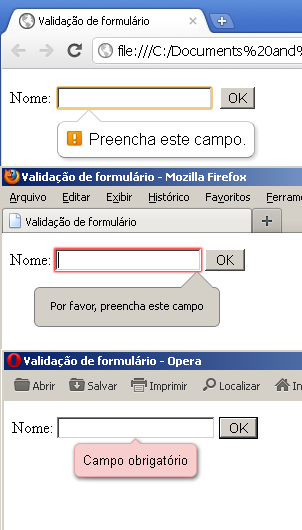 mensagem de alerta em diferentes navegadores