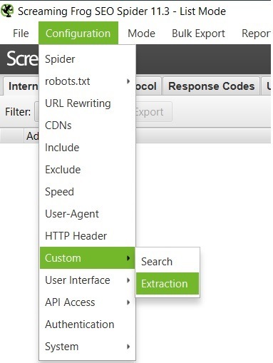 Acessando as opções de extração - screaming frog