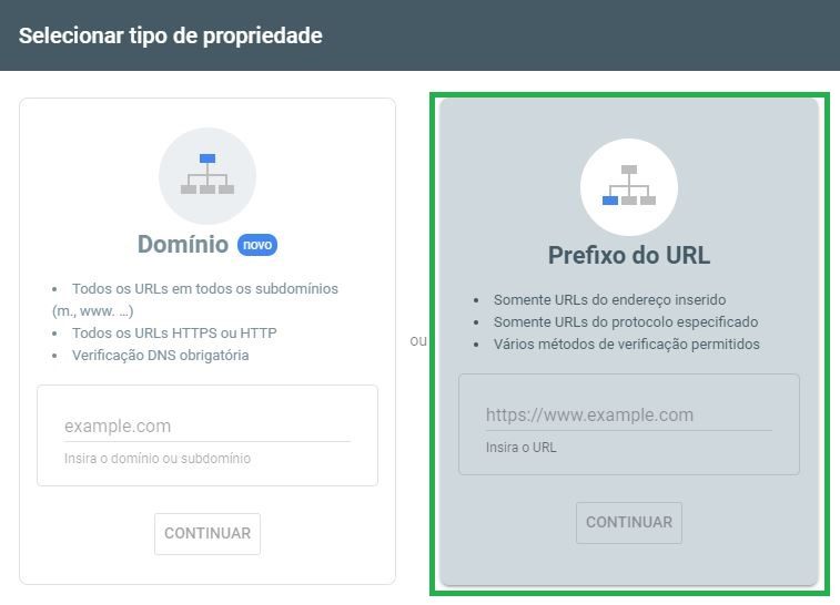 Adicionando Prefixo de URL Search Console