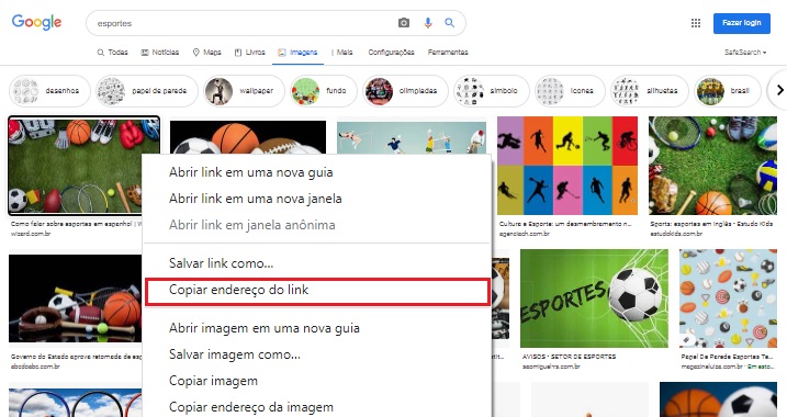 Copiando endereço do link da imagem