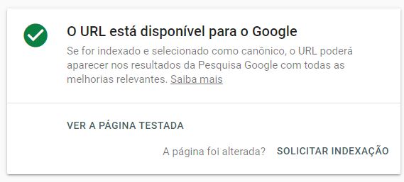 Resultado positivo do teste ao vivo do Search Console